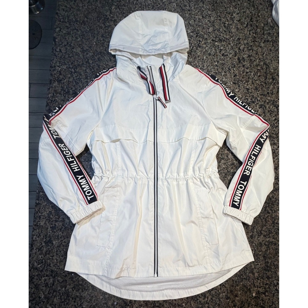Tommy Hilfiger Womens White Logo Tape Hooded Windbreaker‎ Jacket Small RN54163